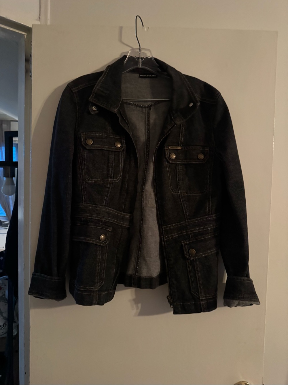 DKNY Blackish Gray Dark Denim Jacket and Jeans with Brass Hardware, Size 4